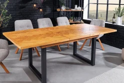 Ausziehbarer Esstisch MOSAIK 140-180cm braun Pinie recyceltes Massivholz Metall schwarz
