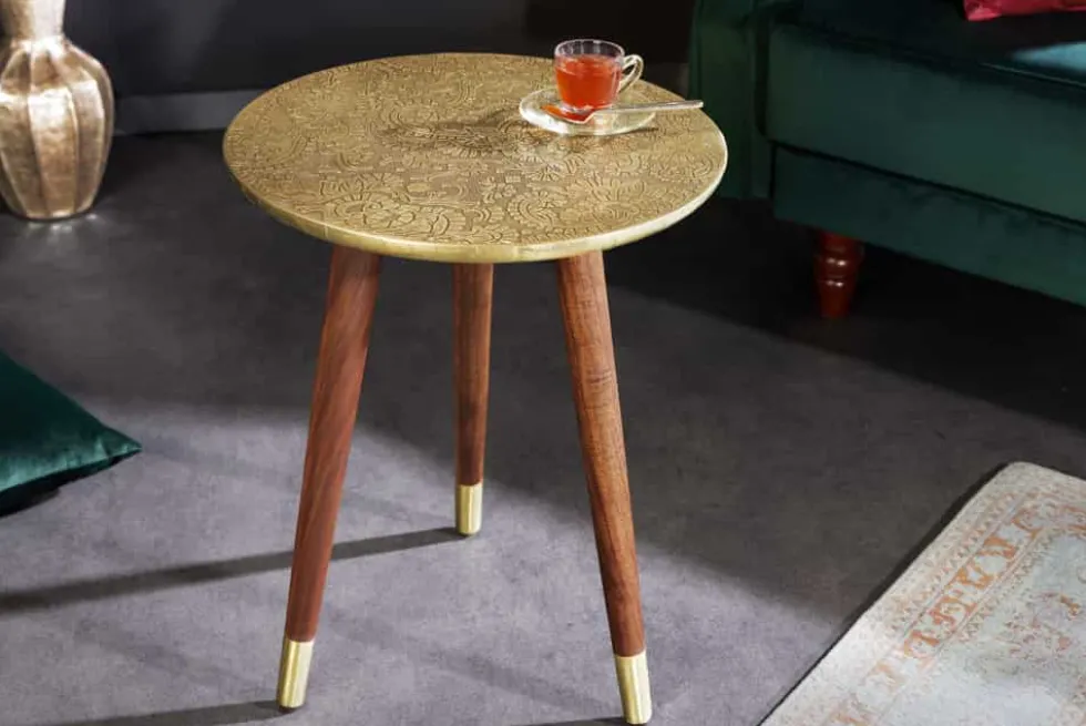 Design Beistelltisch ALCAZAR 50cm antik gold Metall Mangoholz Handarbeit rund