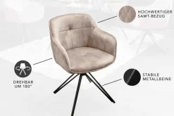 Drehbarer Design Stuhl EUPHORIA champagner greige Samt mit Armlehne Metallgestell schwarz