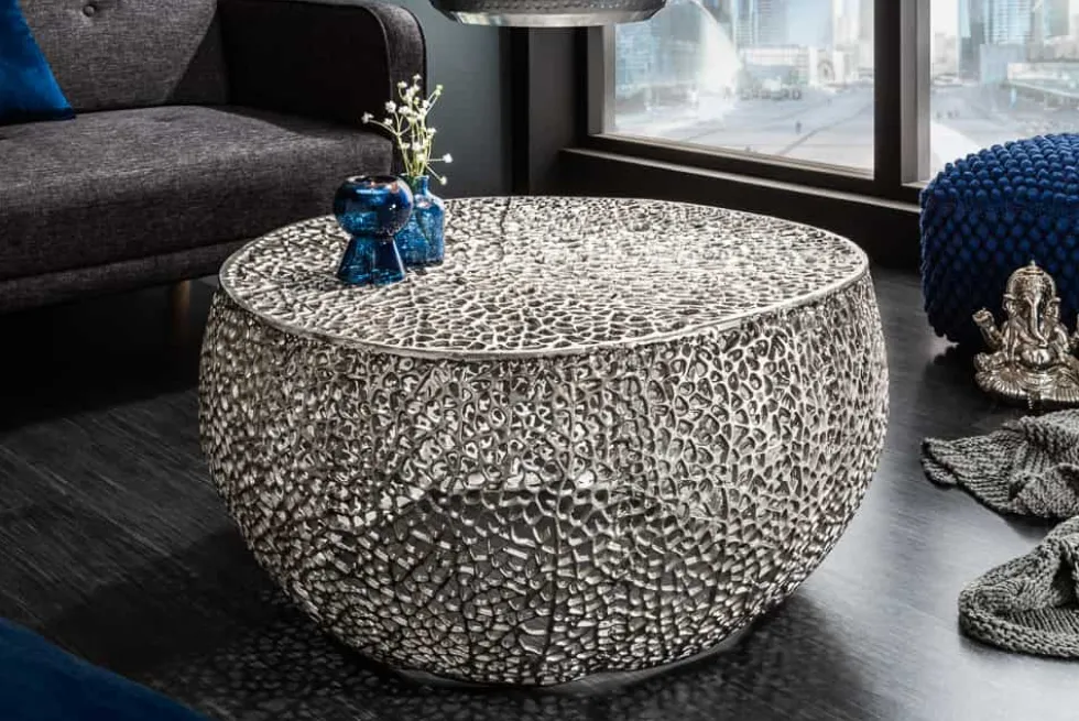 Filigraner Design Couchtisch ABSTRACT LEAF 80cm silber Handarbeit