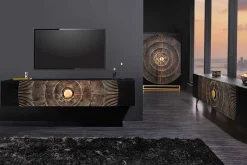 Handgearbeiteter Barschrank GOLDEN SUNSET 140cm schwarz gold Mangoholz massiv