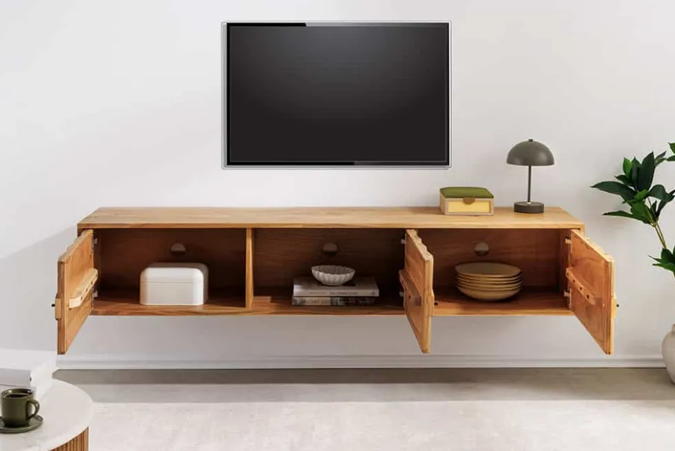 Hängendes TV-Board MYSTIC LIVING 160cm Akazie natur 3D Oberfläche Massivholz