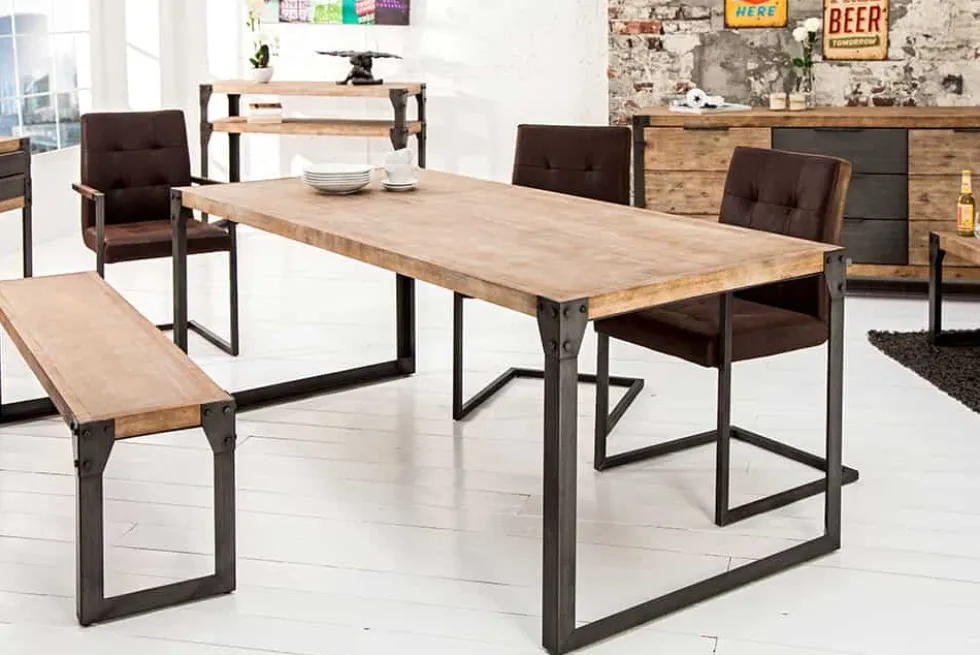 Industrial Design Esstisch FACTORY 160cm Akazie teak-grau weiß gekälkt Metallbeine Kufe