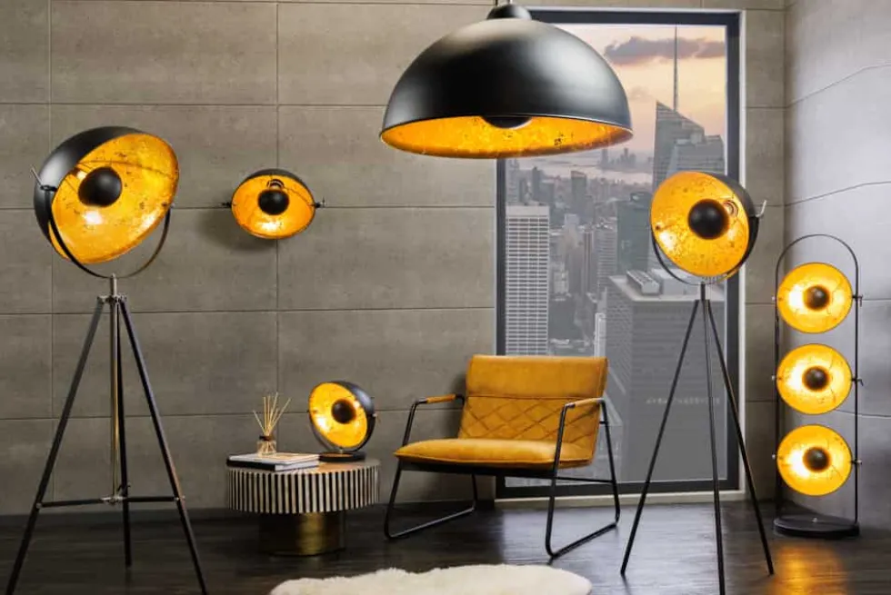 Industrial Design Hängelampe STUDIO 55cm schwarz Blattgold-Optik Hängeleuchte