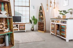 Massiver Couchtisch JAKARTA 70cm weiß bunt Holz Truhe aus recycelten Fischerbooten mit Schubladen