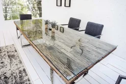 Massiver Esstisch BARRACUDA 180cm antik Teak Holz mit Stahl Kufenfüßen inkl. Glasplatte
