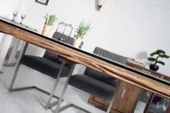 Massiver Esstisch BARRACUDA 240cm antik Teak Holz mit Stahl Kufenfüßen inkl. Glasplatte