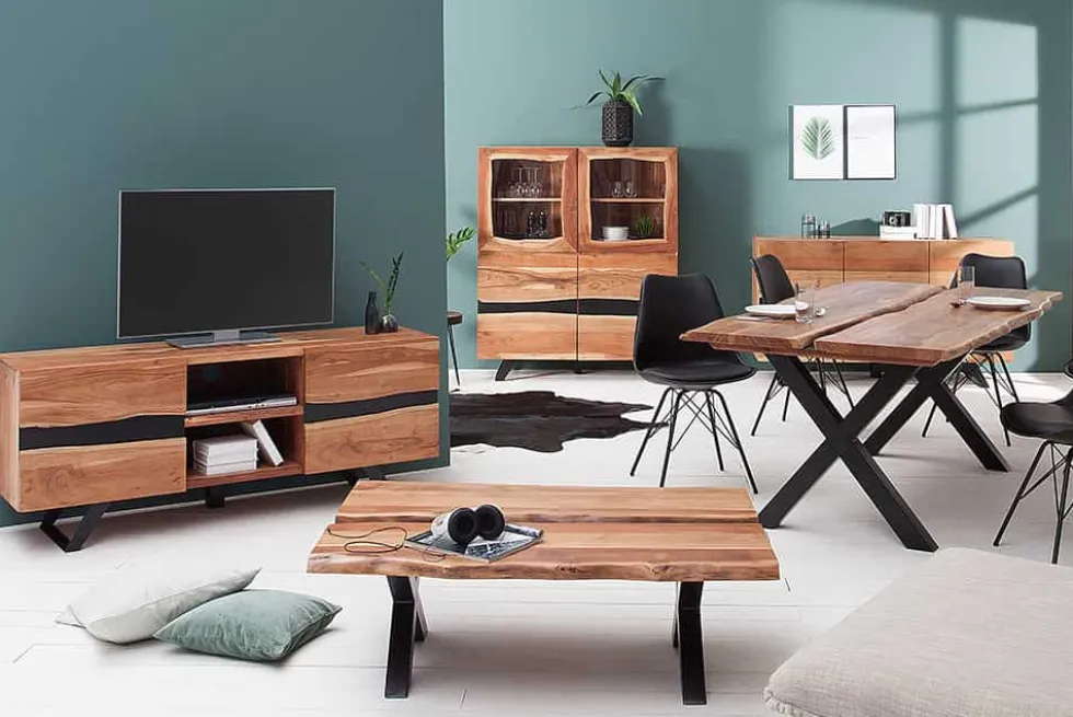 Massives Highboard AMAZONAS 140cm Akazie Metall Vitrine Baumkante