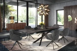 Massives Sideboard SCORPION 180cm dunkelbraun Akazie mit 3D Schnitzereien schwarz Metall