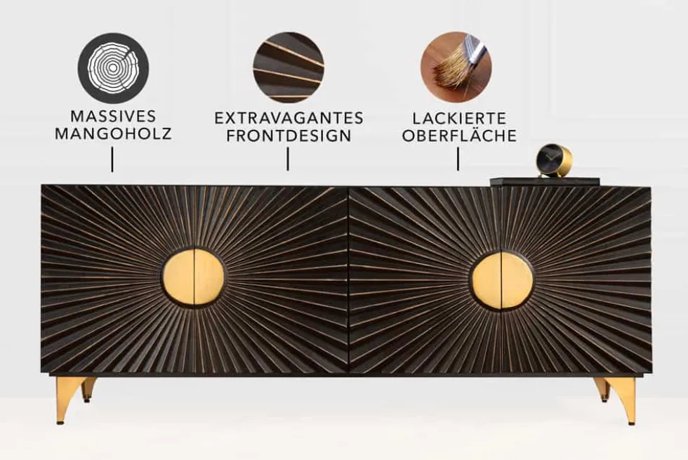 Massives Sideboard SOLARIS 180cm schwarz gold Mangoholz 3D-Design