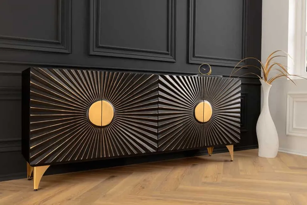 Massives Sideboard SOLARIS 180cm schwarz gold Mangoholz 3D-Design