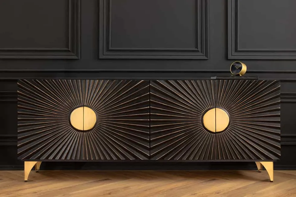 Massives Sideboard SOLARIS 180cm schwarz gold Mangoholz 3D-Design