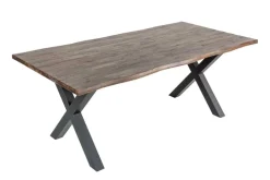 Massivholz Esstisch GENESIS VINTAGE 160cm braun Akazie schwarzes X-Gestell Baumkante