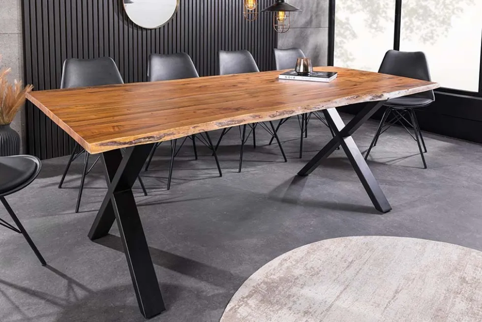 Massivholz Esstisch MAMMUT 160cm Akazie Baumkante X-Gestell Industrial Design 2,6 cm Platte