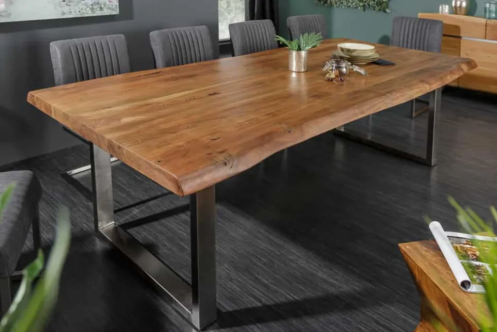 Massivholz Esstisch MAMMUT NATURE 200cm Akazie Baumkante 6cm Tischplatte Edelstahlbeine