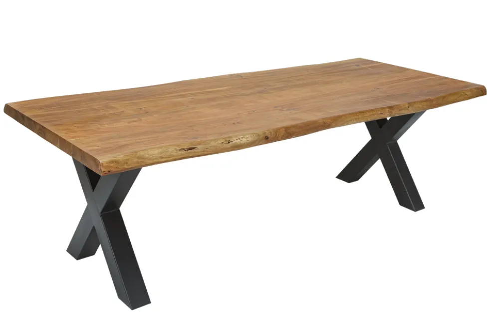 Massivholz Esstisch MAMMUT 180cm Akazie X-Gestell schwarz Baumkante 6cm Tischplatte