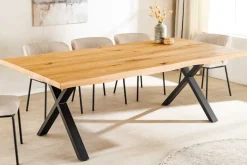 Massivholz Esstisch WILD OAK 160cm natur schwarz Wildeiche Baumkante geölt X-Gestell