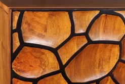 Massivholz Highboard VULCANO 120cm braun Mangoholz mit 3D Schnitzereien handmade Metallgestell schwarz