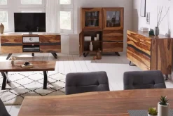 Massivholz Sideboard AMAZONAS 150cm braun Sheesham Baumkante schwarzes Metallgestell