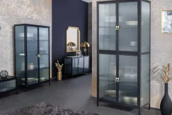 Moderne Vitrine AMSTERDAM 180cm schwarz gold Riffelglas Metall Highboard Schrank