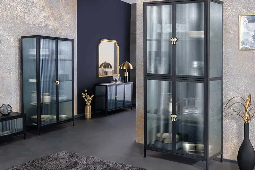 Moderne Vitrine AMSTERDAM 180cm schwarz gold Riffelglas Metall Highboard Schrank