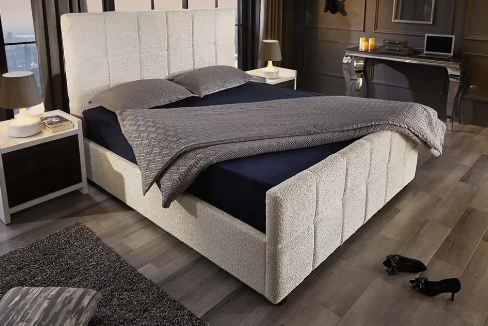 Modernes Boxbett PRESTIGE 160x200cm creme Bouclè mit Stauraum und Lattenrost