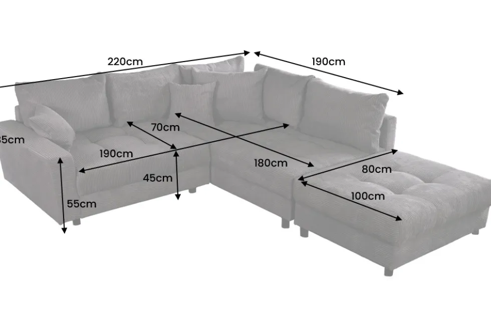 Modernes Ecksofa KENT 220cm dunkelgrau Cord inklusive Hocker Federkern Wohnlandschaft