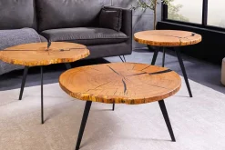 Runder Couchtisch ARBOR 65cm natur Eiche Massivholz schwarz Metall Beistelltisch